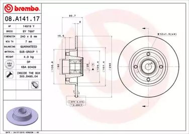 Brembo 08.A141.17 Диск тормозной с подшипниками | зад | - 1
