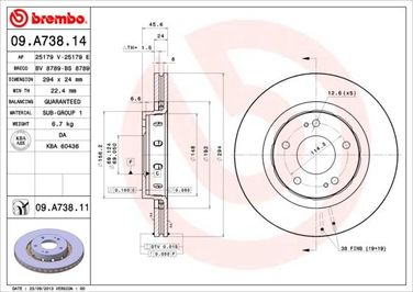 Brembo 09.A738.14 Снят, замена 09.a738.11 Диск тормозной | перед | - 1
