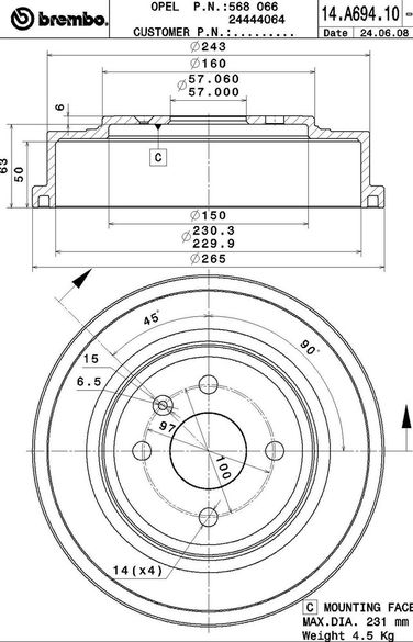 Brembo 14.A694.10 Барабан тормозной  - 2