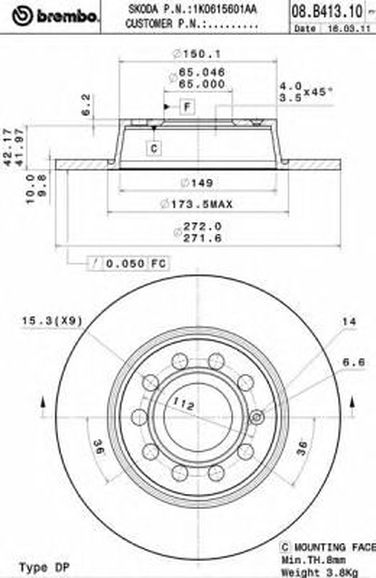 Brembo 08.B413.11 Диск тормозной UV Coated | зад | - 1