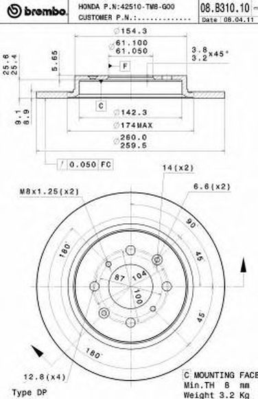Brembo 08.B310.10 Диск тормозной Standard | зад | - 1