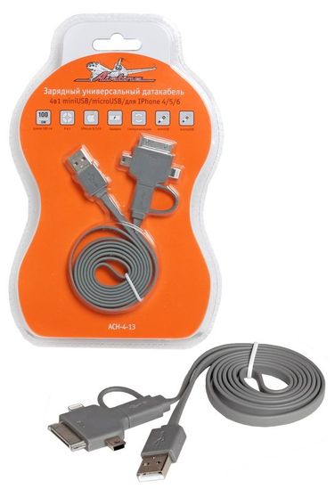 AIRLINE ACH-4-13 Зарядный универсальный датакабель 4 в 1 miniUSB/microUSB/для IPhone 4/5/ - 1