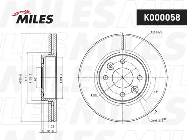 Miles K000058 Диск тормозной nissan micra 03-/note 06-/renault megane 03-/clio 05- перед.вент. - 2