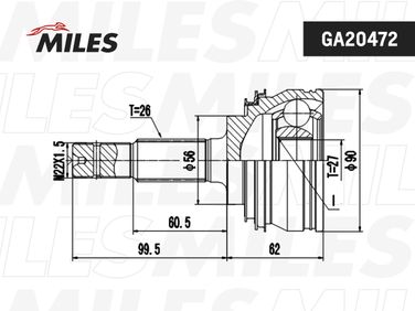 Miles GA20472 Шрус toyota celica/camry/previa/lexus es250 2.0-2.5 89-01 нар. - 3