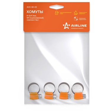 AIRLINE AHC-SK-02 Хомуты 8-12/9,7 мм, червячные, усиленные, W1 (оцинк.), комплект 4 шт. - 2