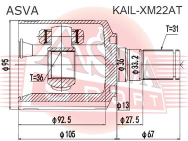 Asva KAIL-XM22AT Шрус внутренний левый 36x45x31 | перед лев | - 2