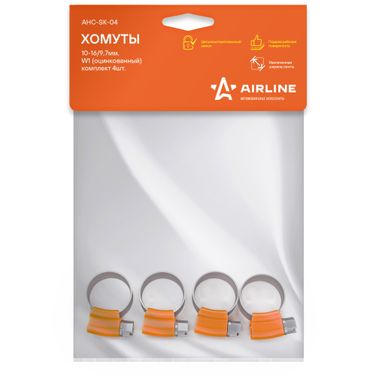 AIRLINE AHC-SK-04 Хомуты 10-16/9,7 мм, червячные, усиленные, W1 (оцинк.), комплект 4 шт. - 2