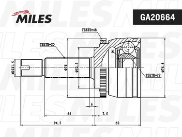 Miles GA20664 Шрус hyundai solaris/kia RIO ii-iii 05- нар. (+abs) - 3