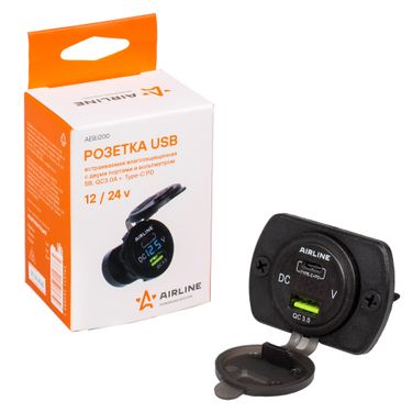 AIRLINE AEBJ200 Розетка USB встраиваемая влагозащ. с 2 портами и вольтметром (5в, qc3.0 + Type-c PD) - 1