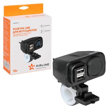 AIRLINE AEBJ209 Розетка USB для мотоциклов с вольтметром и термометром (5в, 2.1а+2.1а) (вкл/выкл) - 1