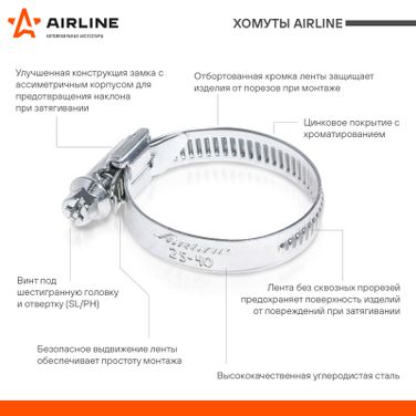 AIRLINE AHC-SZ-02 Хомут 10-16/9 мм, червячный, оцинкованный (w1), 1 шт. - 2