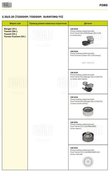 Trialli CM 5434 Ролик приводного ремня для а/м Ford Transit (06-)/psa Boxer (06-) 2.2d (с натяж.мех.) - 7