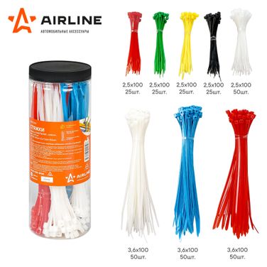 AIRLINE ADTC001 Стяжки (хомуты) кабельные, нейлон, цвет.,300 шт(2,5*100-150шт/3,6*200-150шт) - 2