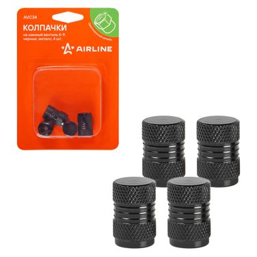 AIRLINE AVC34 Колпачки на шинный вентиль k-9, черные, металл, 4 шт. - 1