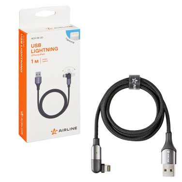 AIRLINE ACH-M-30 Кабель usb - lightning (iphone/ipad) 1м, с поворот. коннектором, черный нейлоновый - 2