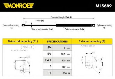фото Monroe ML5689 Упругий элемент, капот Monroe ML5689 Упругий элемент, капот