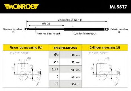 фото Monroe ML5517 Упругий элемент, капот Monroe ML5517 Упругий элемент, капот