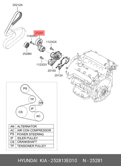 фото Hyundai/Kia 252813E010 Натяжная планка, поликлиновой ремень Hyundai/Kia 252813E010 Натяжная планка, поликлиновой ремень