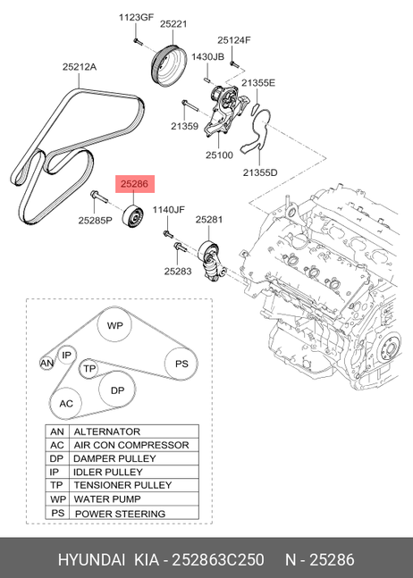 фото Hyundai/Kia 252863C250 Паразитный / ведущий ролик, поликлиновой ремень Hyundai/Kia 252863C250 Паразитный / ведущий ролик, поликлиновой ремень