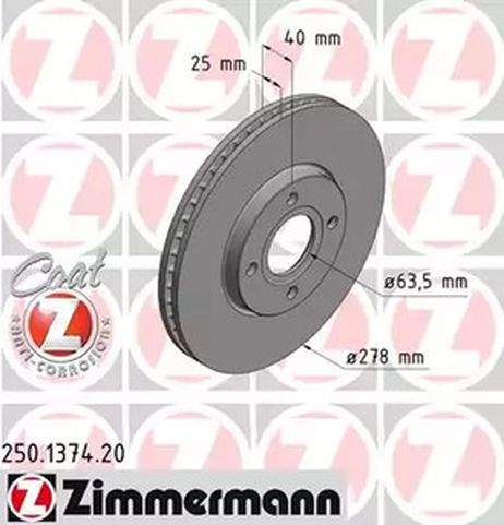 фото Zimmermann 250.1374.20 Тормозной диск | перед | Zimmermann 250.1374.20 Тормозной диск | перед |