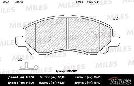 Miles E100051 Колодки тормозные mitsubishi asx/lancer/outlander/dodge caliber передние