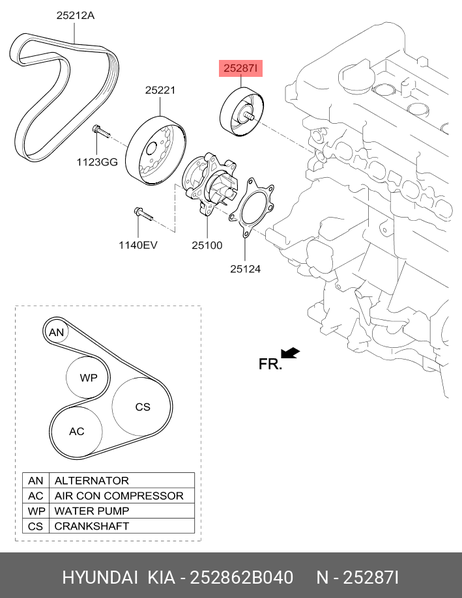 фото Hyundai/Kia 252862B040 Ролик промежуточный навесного оборудования Hyundai/Kia 252862B040 Ролик промежуточный навесного оборудования