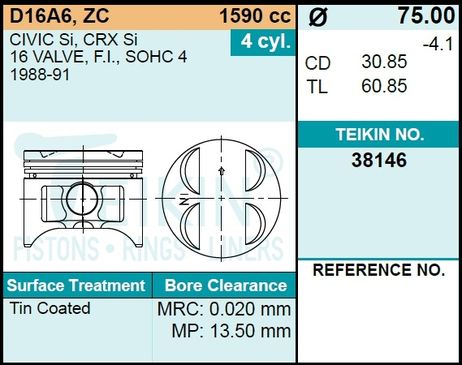 фото Teikin 38146STD Поршни без колец honda d16a6 d75.0 std на 4 цил. t Teikin 38146STD Поршни без колец honda d16a6 d75.0 std на 4 цил. t