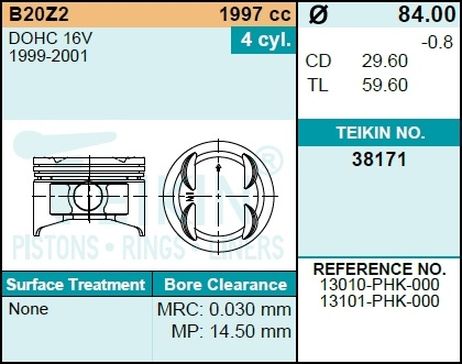 фото Teikin 38171STD Поршни без колец honda b20z2 d84.0 std (13010-phk- Teikin 38171STD Поршни без колец honda b20z2 d84.0 std (13010-phk-