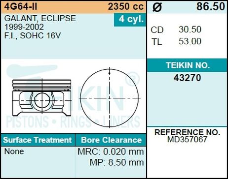 фото Teikin 43270STD Поршни без колец mitsubishi 4g64-ii d86.5 std teik Teikin 43270STD Поршни без колец mitsubishi 4g64-ii d86.5 std teik
