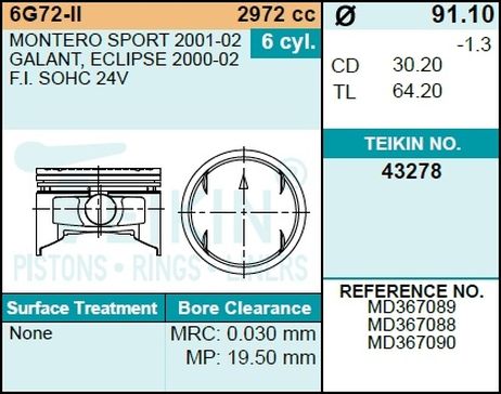 фото Teikin 43278STD Поршни без колец mitsubishi 6g72 sohc 24v d91.1 st Teikin 43278STD Поршни без колец mitsubishi 6g72 sohc 24v d91.1 st