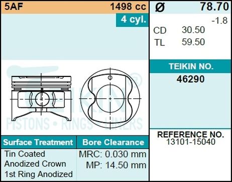 фото Teikin 46290STD Поршень без колец d78.7 std Teikin 46290STD Поршень без колец d78.7 std