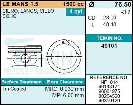 фото Teikin 49101STD Поршни без колец daewoo g15mf 1.5l sohc 8v d76.5 s Teikin 49101STD Поршни без колец daewoo g15mf 1.5l sohc 8v d76.5 s