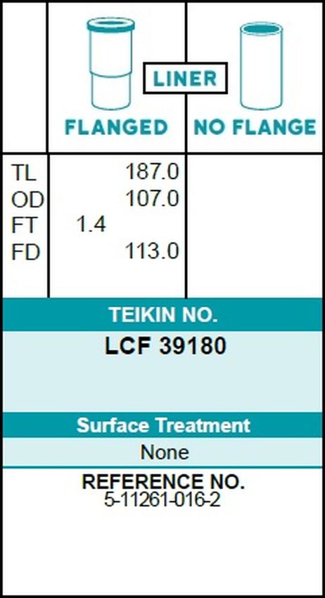 фото Teikin LCF39180 Гильза хромированная isuzu 4be1 d105.0 std (5-1126 Teikin LCF39180 Гильза хромированная isuzu 4be1 d105.0 std (5-1126