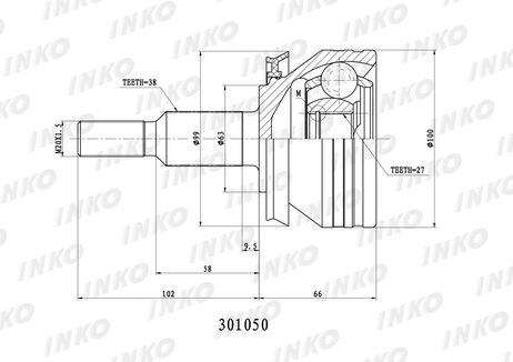 фото INKO 301050 Шрус внешний 38/27 | перед | INKO 301050 Шрус внешний 38/27 | перед |