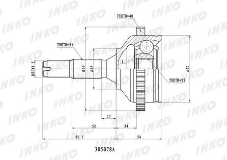 фото INKO 305078A Шрус внешний 21/22 ABS 48 | перед | INKO 305078A Шрус внешний 21/22 ABS 48 | перед |