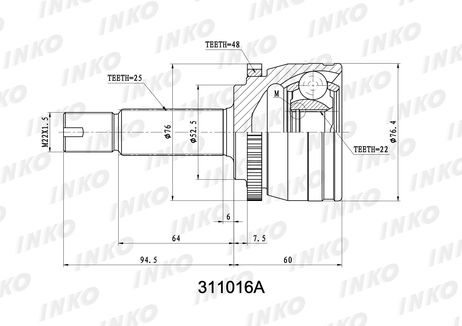 фото INKO 311016A Шрус внешний 25/22 ABS 48 | перед | INKO 311016A Шрус внешний 25/22 ABS 48 | перед |