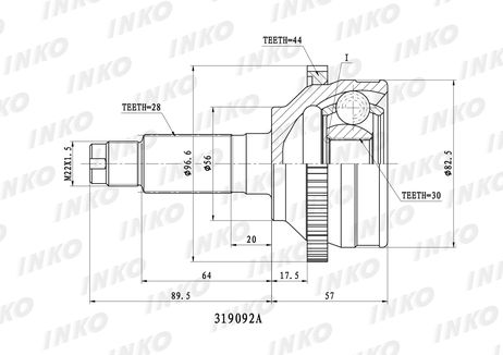 фото INKO 319092A Шрус внешний 28/30 ABS 44 | перед | INKO 319092A Шрус внешний 28/30 ABS 44 | перед |
