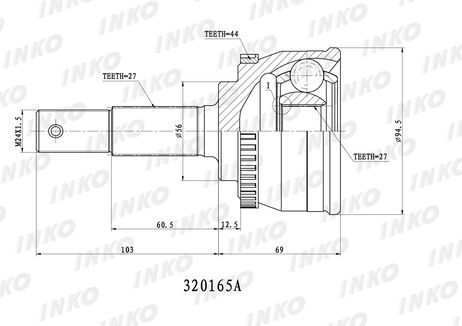 фото INKO 320165A Шрус внешний 27/27 ABS 44 | перед | INKO 320165A Шрус внешний 27/27 ABS 44 | перед |
