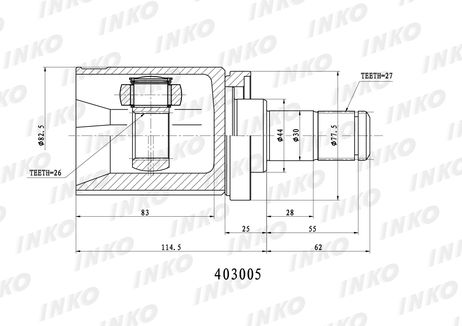 фото INKO 403005 Шрус внутренний, левый 27/26 | перед лев | INKO 403005 Шрус внутренний, левый 27/26 | перед лев |