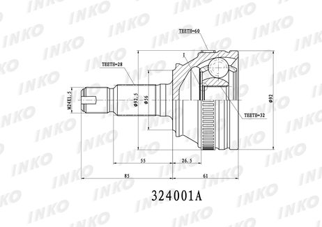 фото INKO 324001A Шрус внешний 28/32 ABS 60 | перед | INKO 324001A Шрус внешний 28/32 ABS 60 | перед |