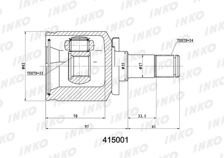 фото INKO 415001 Шрус внутренний 24/22 | перед | INKO 415001 Шрус внутренний 24/22 | перед |