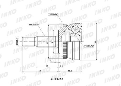 фото INKO 301042A2 Шрус внешний 22/30 ABS 96 | перед | INKO 301042A2 Шрус внешний 22/30 ABS 96 | перед |