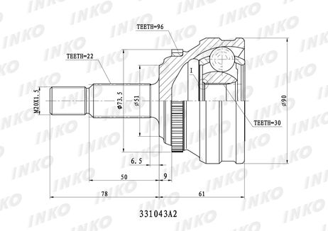 фото INKO 331043A2 Шрус внешний22/30 ABS 96 | перед | INKO 331043A2 Шрус внешний22/30 ABS 96 | перед |
