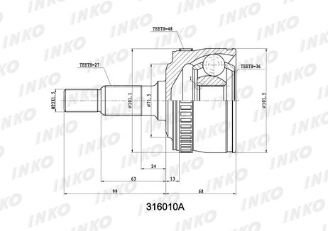 фото INKO 316010A Шрус внешний 27/36 ABS 48 | перед | INKO 316010A Шрус внешний 27/36 ABS 48 | перед |