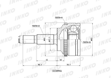 фото INKO 323094A Шрус внешний 23/30 ABS 44 | перед | INKO 323094A Шрус внешний 23/30 ABS 44 | перед |