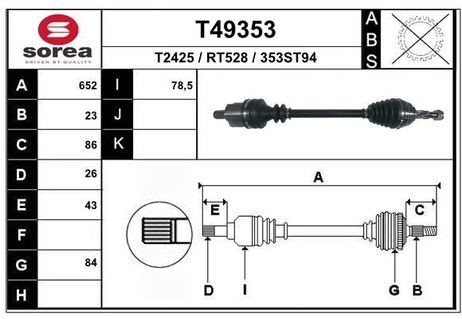 EAI T49353 T49353_привод левый! 652mm ABS Renault Logan 1.6 04>/Clio 05> | перед лев |