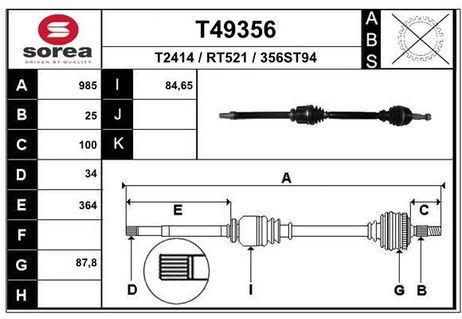 EAI T49356 T49356_привод передний прав.! 985мм +abs aut.  Ren
