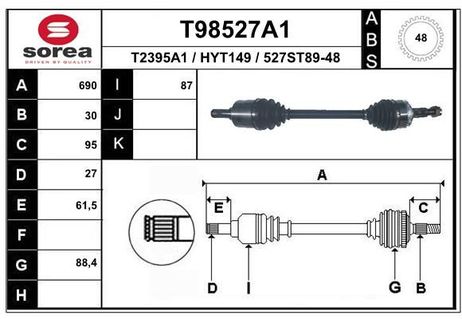 EAI T98527A1 T98527A1_привод левый! 690mm ABS Hyundai ix35 1.7CRDi/2.0/CRDi 10>, Kia Sportage 10>