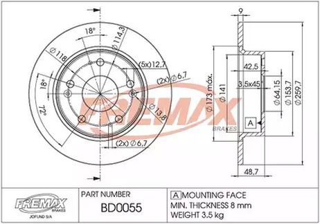фото FREMAX BD-0055 Тормозной диск | зад | FREMAX BD-0055 Тормозной диск | зад |
