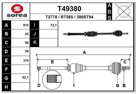 EAI T49380 _привод правый! 915mm 25x26Renault Captur 1.5d 13